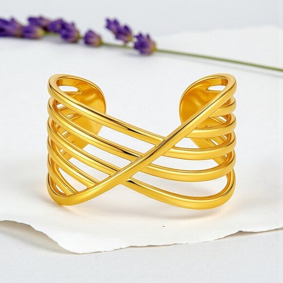 🆕 Modern Chic Crisscross Ring 18K Gold Plated Stainless Steel Adjustable Band - Picture 1 of 15